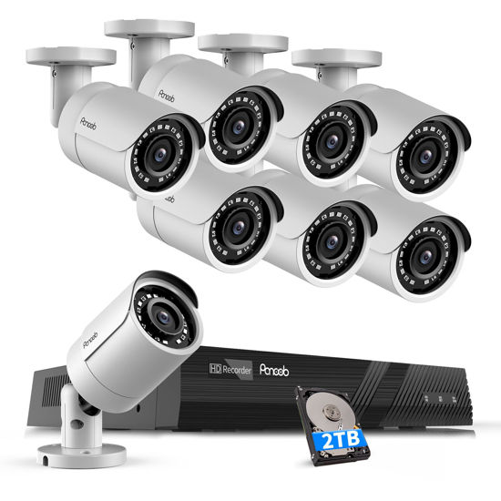 Picture of PANOOB PoE Security Camera System 4K, 8pcs 8MP Wired Bullet IP PoE Cameras Outdoor w/Mic, AI Person Detection, 4K/8MP 8 Channel NVR 2TB HDD, 110° Wide Angle, 100ft IR Night Vision, PB37F0808-8M