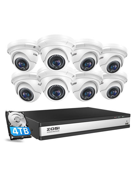 Picture of ZOSI 16CH 4K PoE Security Camera System, H.265+ 16 Channel 8MP NVR with 4TB HDD, 8pcs Wired 5MP Outdoor Indoor PoE IP Dome Cameras, Night Vision, Motion Alert, Remote Access, for 24/7 Recording