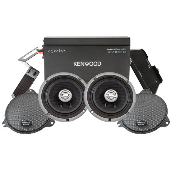 Picture of Kenwood Excelon P-HD1F Front Audio Package for Select 2014-Up Harley-Davidson Models - (1) XM160-2 Audio Amplifier, (2) 6.5" Excelon XM65F Motorcycle Speaker Pair, Includes Mounting Plates & Grilles