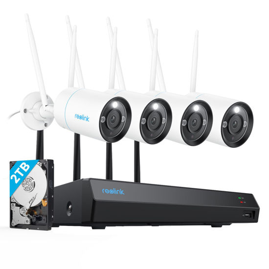 Picture of REOLINK 4K Wireless Security Camera System, 4pcs Outdoor 4K/8MP Plug-in WiFi 6 Cameras, Color Night Vision, Person/Vehicle/Animal Detection, 12CH WiFi NVR with 2TB HDD, RLK12-800WB4