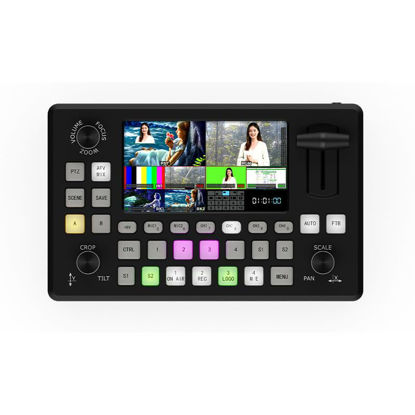 Picture of R2pro multi-camera video mixer support uvc live xlr dual interface live mixing, with a 5-inch LCD monitor screen 4 HDMI input 2 HDMI output support PTZ camera control, USB recording, shortcut key oper