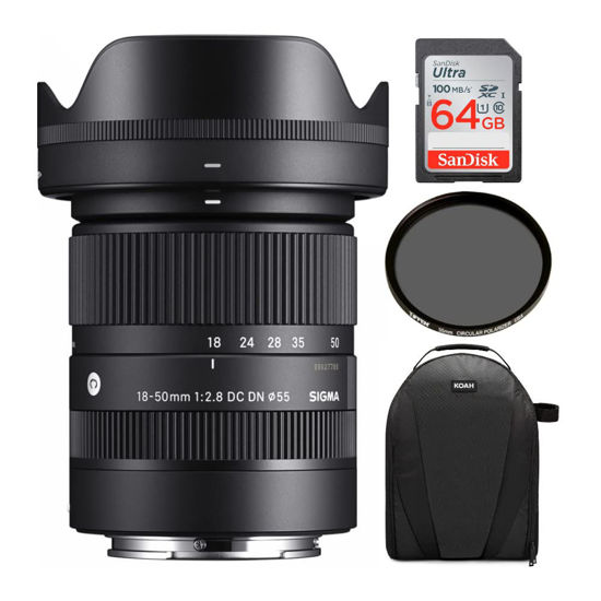 Picture of Sigma 18-50mm f/2.8 DC DN Contemporary Lens for Sony E Mount with Tiffen CPL Filter, 64GB SD Card, and Camera Bag Bundle (4 Items)