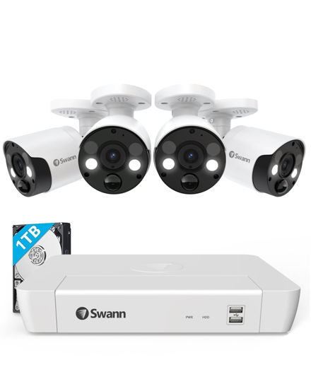 Picture of Swann Pro 4K Ultra HD Security Camera System, 8 Channel 4pcs PoE IP Cameras, Cat5e Wired NVR System with 1TB HDD, Color Night Vision, LED Light, True Detect, 24/7 Surveillance CCTV, Indoor/Outdoor