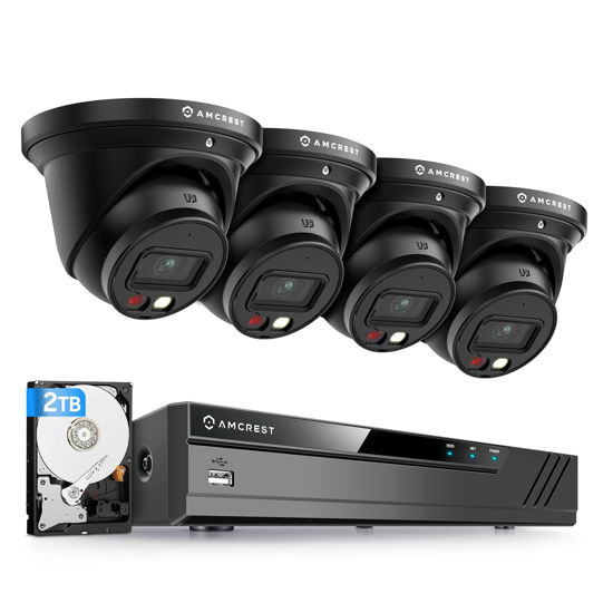 Picture of Amcrest 5MP Security Camera System, 4K 8CH PoE NVR, (4) x 5-Megapixel Night Color Turret POE IP Cameras, Active Deterrent, Pre-Installed 2TB Hard Drive, NV4108E-T1277EB4-2TB (Black)