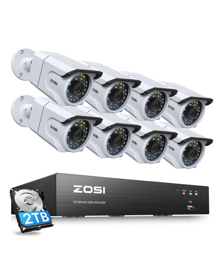 Picture of ZOSI 4K Ultra HD Security Cameras System, 8 Channel H.265+ 4K Video NVR, 8 x 4K (8MP) Ip66 Bullet Weatherproof Surveillance Cameras, Motion Alert , 100ft Night Vision, with 2TB Hard Drive