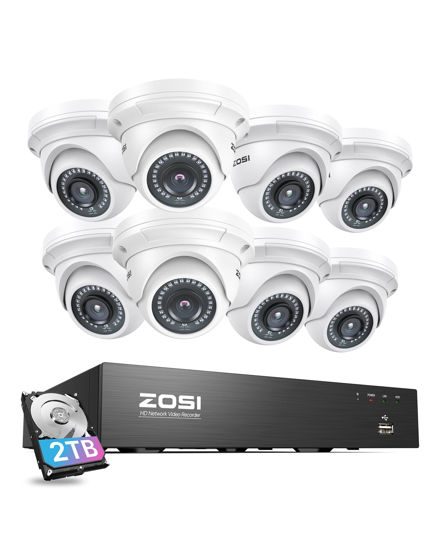 Picture of ZOSI 4K PoE Security Camera System with 2TB Hard Drive, 8 Ports 16CH 8MP NVR Recorder, 8pcs 3K 5MP Outdoor Indoor Home PoE Dome Cameras, Night Vision, Motion Alert, Remote Access, for 24/7 Recording