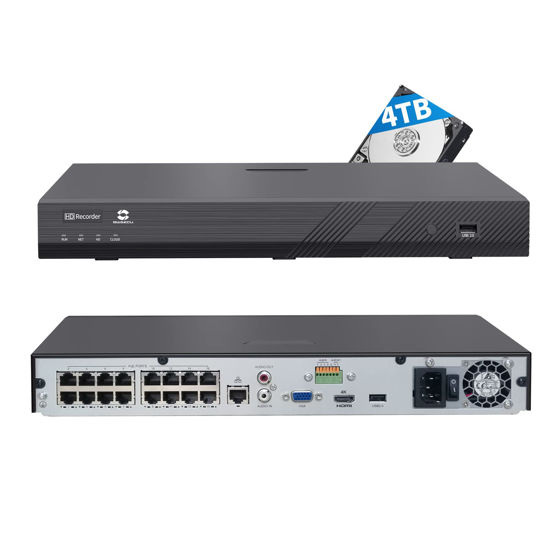 Picture of GWSECU 4K 16 Channel H.265 PoE NVR with 4TB HDD, (3MP/4MP/5MP/6MP/8MP) Network Video Recorder, Supports up to 16x 8MP/4K IP Cameras, Two SATA ports Up to 20TB, Remote Access, NVR16P-4T