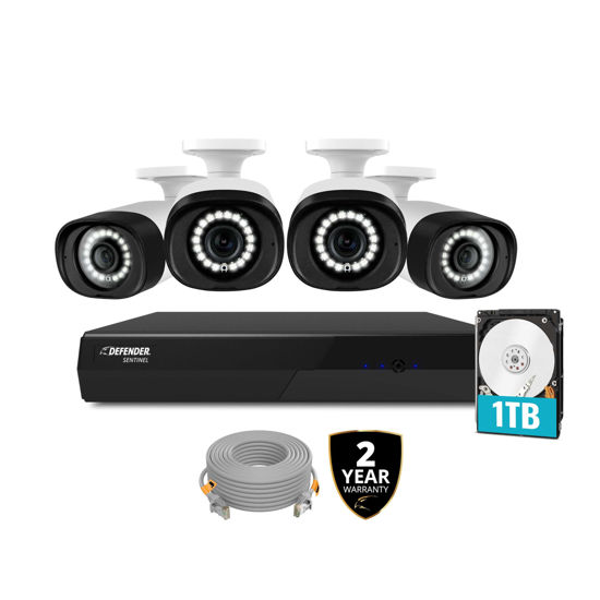 Picture of Defender Exclusive Bundle: Sentinel 4K PoE 8CH NVR Security System, 4 Metal Cameras, 2 Year Warranty, 5 x 60ft Ethernet Cables, Smart Human Detection, Audio Recording, Spotlight, Mobile App