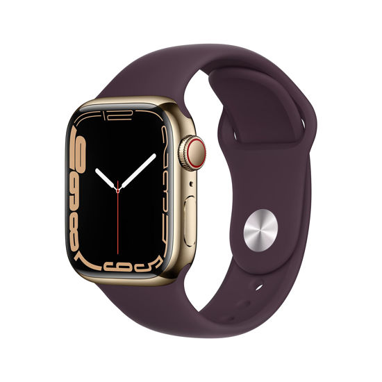 Picture of Apple Watch Series 7 (GPS + Cellular, 41mm) Gold Stainless Steel Case with Dark Cherry Sport Band, Regular (Renewed)