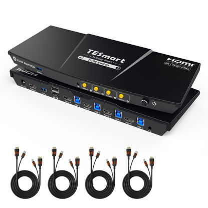 Picture of TESmart 8K@60Hz HDMI KVM Switch 1 Monitor 4 Computers USB 3.0, KVM Switch 4 Port 4K@144Hz for Gaming, Custom Hotkey Switch, EDID, Audio&Microphone, ADI Chip and Input Cables