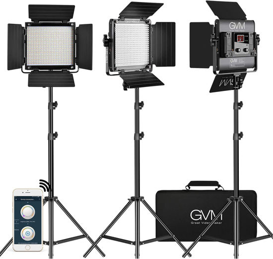 Picture of GVM 3 Pack LED Video Lighting Kits with APP Control, Bi-Color Variable 2300K~6800K with Digital Display Brightness of 10~100% for Video Photography, CRI97+ TLCI97 Led Video Light Panel +Barndoor