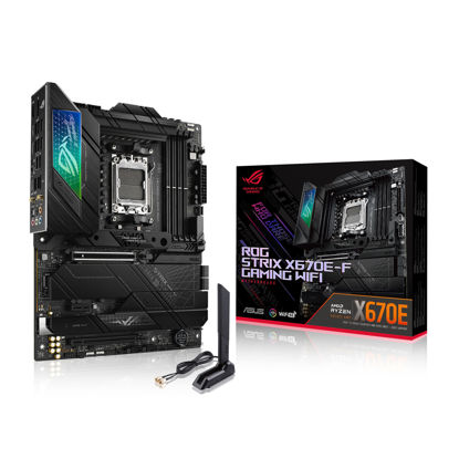 Picture of ASUS ROG STRIX X670E-F GAMING WIFI AMD X670 AM5 Ryzen™ Desktop 9000 8000 & 7000 ATX motherboard, 18+2 power stages, DDR5, 4x M.2 slots with heatsink, PCIe® 5.0, USB 3.2 Gen 2x2, WiFi 6E, AI Cooling II