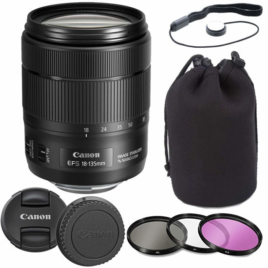 Picture of Canon EF-S 18-135mm f/3.5-5.6 is USM Lens with Lens Pouch, Commander Optics 3 Piece Filter Kit, Cap Keeper