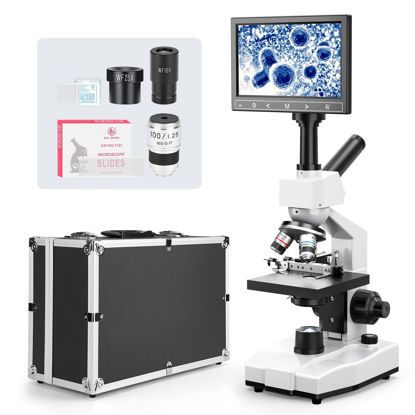 Picture of Vabiooth Dual-View Lab Compound Monocular Microscope 40X-2500X Magnification with 7" LCD Display, Wide-Field 4X/10X/40X(s)/100X(Spring Oil) Eyepieces, Adjustable Mechanical Stage, Aluminum Carry Box