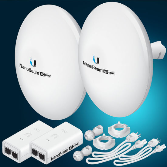 Picture of Wireless Bridge NBE-5AC-GEN2 PRE-CONFIGURED Bundle of 2 Ubiquiti NanoBeam 5AC GEN2, 2 Units Kit 100% Configured as Outdoor Point-to-Point Wi-Fi Bridge, Plug and Play, 450+ Mbps Speed, 15+ km Range.