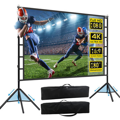 Picture of 180 inch Projector Screen and Stand, 15FT Large Indoor Outdoor Movie Projection Screen 4K HD 16: 9 Anti Crease Design for Backyard Movie Night Easy to Clean, 1.1Gain, 160° Viewing Angle & A Carry Bag