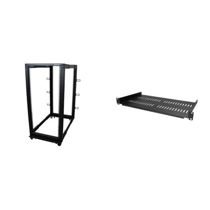 Picture of StarTech.com 25U Open Frame Server Rack - 4 Post Adjustable Depth (4POSTRACK25U) & .com 1U Server Rack Shelf - Universal Vented Rack Mount Cantilever Tray for 19'' Black (CABSHELFV1U)