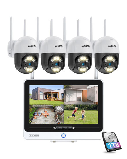 Picture of ZOSI 2K 8CH Security Camera Wireless Outdoor System with 12.5in LCD Monitor,4x 3MP Pan/Tilt Cameras with 2 Way Audio,Color Night Vision,Human Detection,1TB HDD for Home 24/7 Recording Surveillance