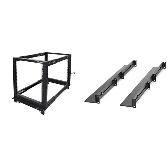 Picture of StarTech.com 12U 19'' Open Frame Server Rack - 4 Post Adjustable Depth 22-40'' Mobile (4POSTRACK12U) & .com 1U 19 inch Server Rack Rails - 24-36 inch Adjustable Depth - (UNIRAILS1UB)