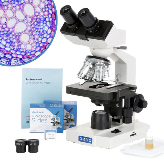 Picture of AmScope OMAX M82E Series LED Binocular Compound Lab Microscope - 40X-2000X Magnification - Microscope Kit with 100 Blank Slides & Cover Slips