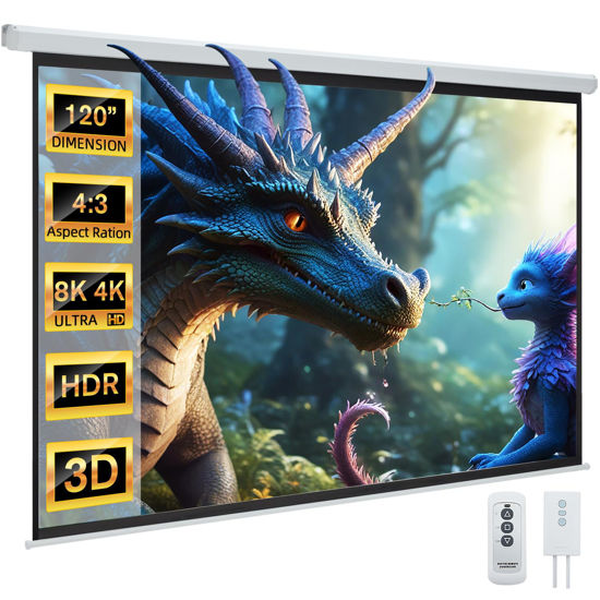 Picture of YODOLLA 120 inch Projector Screen Motorized,4:3 HD Retractable Electric Projector Screen 4K 3D Wall Mounted Ceiling Automatic Projection Screen Drop Down with Remote Movie Screen for Indoor Outdoor