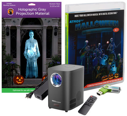 Picture of Reaper Brothers Halloween Hollusion Digital Decoration Kit Includes 8 AtmosFX Video Effects for Halloween Plus HD Super Bright Projector and 5.5' x 9' Holographic Projection Screen