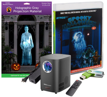 Picture of Reaper Brothers Spooky Halloween Hollusion Digital Decoration Kit Includes 8 AtmosFX Video Effects for Halloween Plus HD Super Bright Projector and 5.5' x 9' Holographic Projection Screen