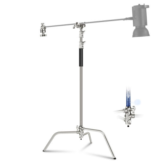 Picture of NEEWER C Stand with Boom Arm Pro 100% Stainless Steel, Max Height 10.8ft/330cm Air Cushion Heavy Duty Photography Light Stand with 4.2ft/128cm Holding Arm for Monolight Softbox Reflector