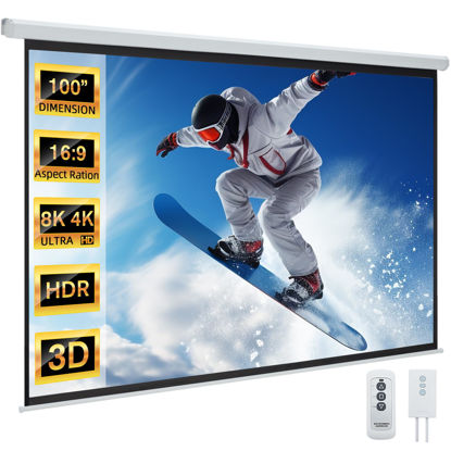 Picture of YODOLLA Projector Screen Motorized 100" 16:9, 4K 3D HD Electric Projector Screen Wall Mounted Automatic Ceiling Retractable Drop Down Projection Screen with Remote Movie Screen for Indoor Outdoor Use