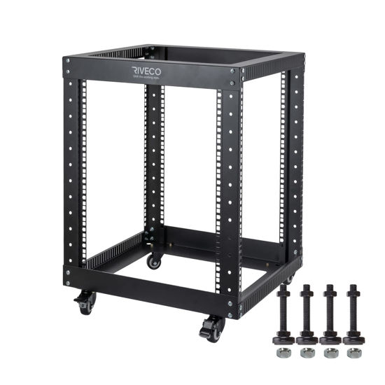 Picture of 12U Server Rack Open Frame with Casters-RIVECO 4 Post Quick Assembly 19-inch, Data Rack Network Shelf Cabinet Heavy Duty Black