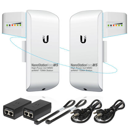 Picture of Wireless Bridge Ubiquiti LOCOM5 PRE-CONFIGURED, Bundle of 2 Ubiquiti Nanostation LOCO M5, Point to Point Outdoor WiFi Bridge, Plugh and Play, 5GHz, 150+Mbps, 10+km Link Range, Network Bridge.