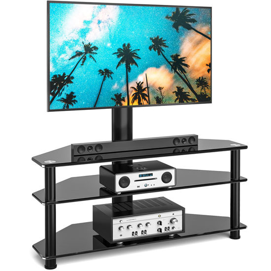 Picture of Rfiver Swivel Glass TV Stand with Mount for 32-70 Inch Flat or Curved Screen TV up to 110lbs, Height Adjustable Corner Floor TV Stand Entertainment Center with TV Mount and 3-Tier Storage for AV Media