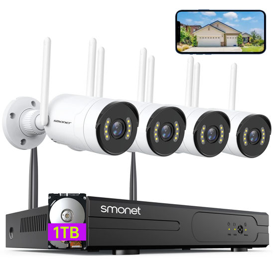 Picture of [Spotlight,2-Way Audio] SMONET 2K WiFi Security Camera System,1TB Hard Drive,8CH Home CCTV Surveillance DVR Kits,4 Packs Outdoor Indoor IP Cameras Set,Free Phone APP,Night Vision,24/7 Video Recording