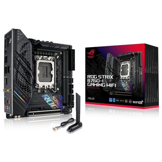 Picture of ASUS ROG Strix B760-I Gaming WiFi 6E Intel® B760(13th and 12th Gen)LGA 1700 mini-ITX motherboard,8 + 1 power stages,DDR5 up to 7600 MT/s, PCIe 5.0,2xM.2 slots,USB 3.2 Gen 2x2 Type-C,Aura Sync RGB