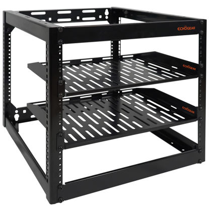 Picture of ECHOGEAR 10U Network Rack - Wall Mountable Heavy Duty 4 Post Design Holds All Your Networking & AV Gear - Open Frame Design Includes 2 1U Vented Shelves & Mounting Hardware