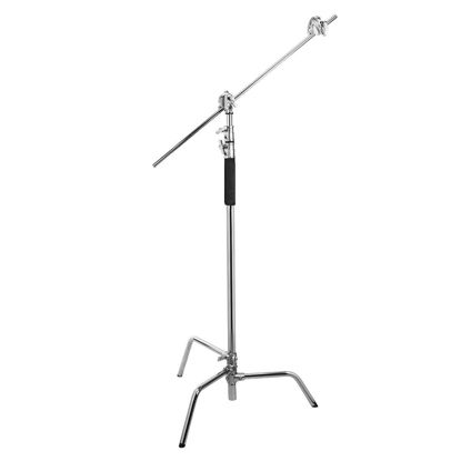 Picture of Flashpoint 10' C Light Stand on Turtle Base Kit with Two Tier Spring Loaded Riser Column, Two 3" GOBO Heads, Baby Pin and 40" Grip Arm, Chrome, a C Stand for Cinema and Still Studios