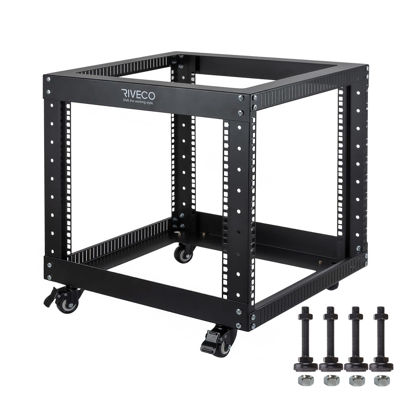 Picture of RIVECO 9U Open Frame Server Rack with Casters- Heavy Duty 4 Post Quick Assembly 19-inch, Stereo Rack Network Cabinet Black