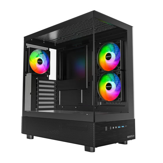 Picture of MONTECH XR, ATX Mid-Tower PC Gaming Case, 3 x 120mm ARGB PWM Fans Pre-Installed, Full-View Dual Tempered Glass Panel, Wood-Grain Design I/O Interface, Support 4090 GPUs, 360mm Radiator Support, Black