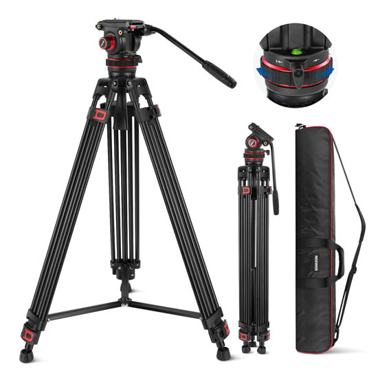 Picture of NEEWER 74" Video Tripod with Adjustable Damping Fluid Head, Metal Heavy Duty Dual-Mode QR Plate, Flexible 360° Pan&+90°/-75° Tilt, Max Load 22lb/10kg, TP75