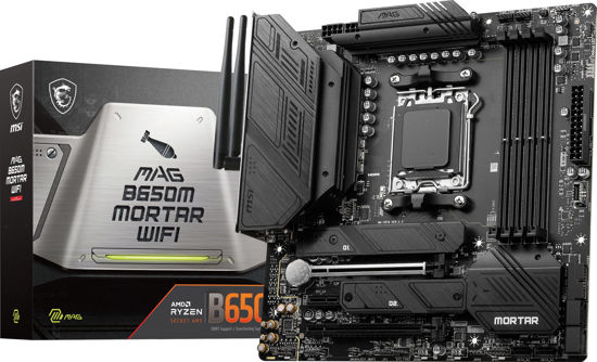 Picture of MSI MAG B650M Mortar WiFi Gaming Motherboard (AMD Ryzen 9000/8000/7000 Series Processors,AM5,DDR5,PCIe 4.0,M.2 Slots,SATA 6Gb/s,USB 3.2 Gen 2,HDMI/DP,Wi-Fi 6E,Bluetooth 5.3,2.5Gbps LAN,mATX)