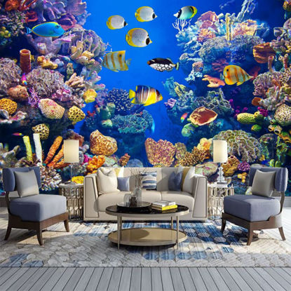 Picture of ATTAFE Blue Ocean Tropical Fish Scenery 3D Mural Wallpaper, Underwater Colorful Coral Reef Photo Mural Wallpapers, Mural HD Photo for Living Room TV Sofa Bedroom 169" by 118"