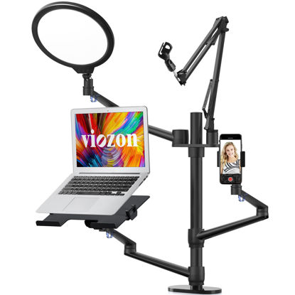 Picture of Viozon Selfie Desktop Live Stand Set 6-in-1 10" LED Ring Light Microphone Mount compatible with 12-17" laptop/17-32'' monitor/7-13 Tablet/3.5-6.7" Phone/Digital Camera DSLR Online Teaching Meeting