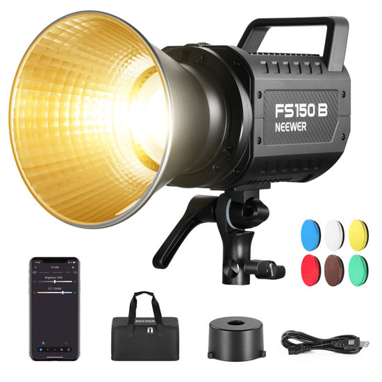 Picture of NEEWER FS150B LED Video Light 2.4G/APP Control, 130W 2700K-6500K 72000lux/1m Bi Color COB Bowens Mount Photography Continuous Output Lighting with 6 Color Diffuser Socks, 12 Scenes, 4 Dimming Types