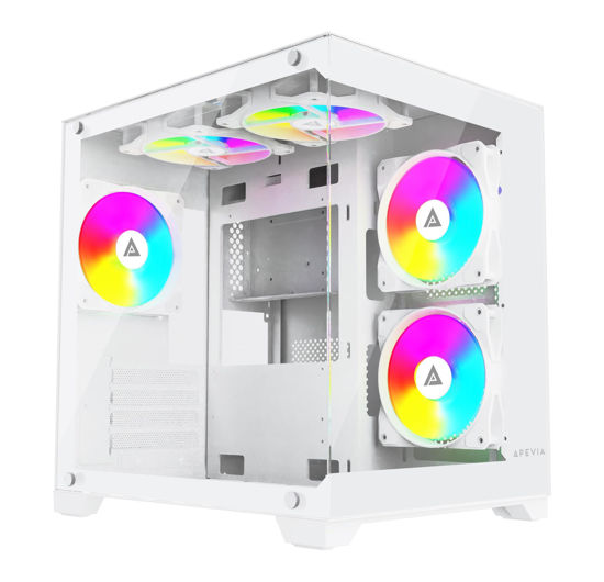 Picture of Apevia Prism-WH Prism Micro-ATX Gaming PC Cube Case w/ 5X 120mm ARGB Fans, 366 RGB Modes, Dual Tempered Glass Panels, 240mm Radiator Support, 1X USB3.0, 2X USB 2.0, HD Audio Port, White