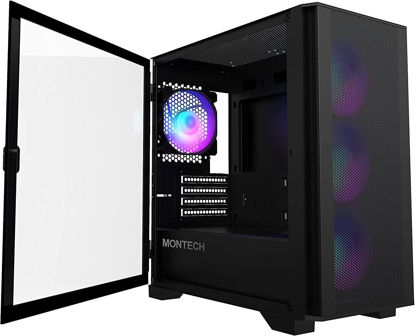 Picture of Montech AIR 100 ARGB Micro-ATX Tower with Four ARGB Fans Pre Installed, Ultra-Minimalist Design, Fine Mesh Front Panel, High Airflow, Unique Side Swivel Tempered Glass, Black