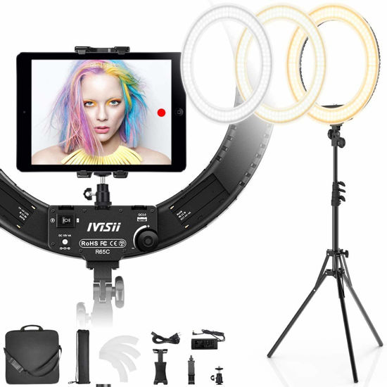 Picture of IVISII 19 inch Ring Light with Stand and Phone Holder,60W Bi-Color or for Live Stream/Makeup/YouTube Video/TikTok/Zoom/Photography Black