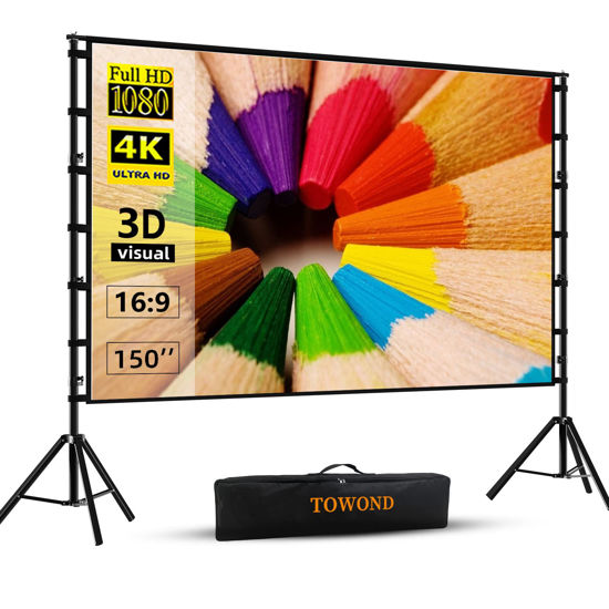 Picture of Projector Screen and Stand,Towond 150 inch Indoor Outdoor Projection Screen, Portable 16:9 4K HD Rear Front Movie Screen with Carry Bag Wrinkle-Free Design for Home Theater Backyard Cinema