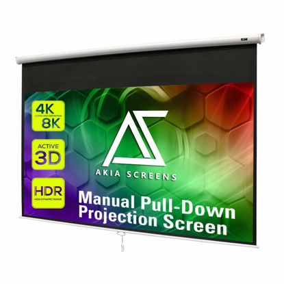 Picture of Akia Screens 110 inch Pull Down Projector Screen Manual B 16:9 8K 4K HD 3D Ceiling Wall Mount White Portable Projection Screen Retractable Auto Locking for Indoor Movie Home Theater Office AK-M110H1