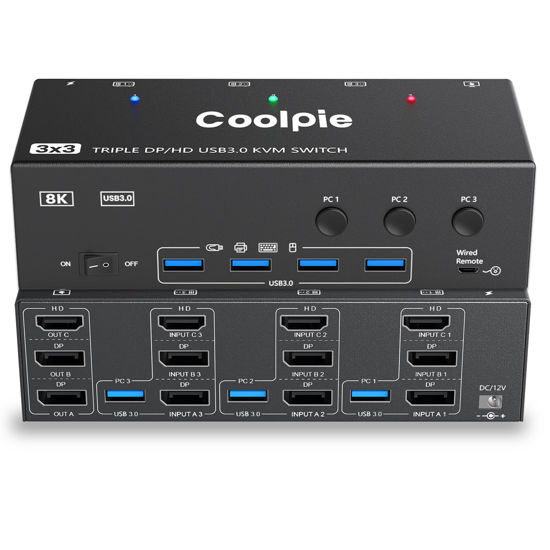 Picture of KVM Switch 3 Computers,W/Displayport HDMI for Triple Monitor,Ultra HD HDMI 8K@60Hz/4K@120Hz, DP 8K@30Hz/4K@144Hz,1 HDMI&2 DisplayPorts 4 USB 3.0 Ports-Wired Remote&6 DP 3 HDMI 3 USB Cables