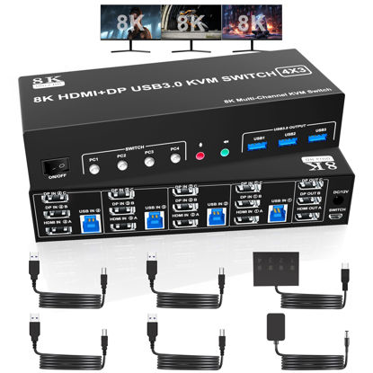 Picture of 8K@60Hz 2 Displayport +HDMI USB3.0 KVM Switch 3 Monitors 4 Computers, 2 DP 1.4 +HDMI 2.1 Triple Monitor KVM Switch with Audio Microphone +3 USB3.0 Ports, Triple Monitor Keyboard Mouse Switcher